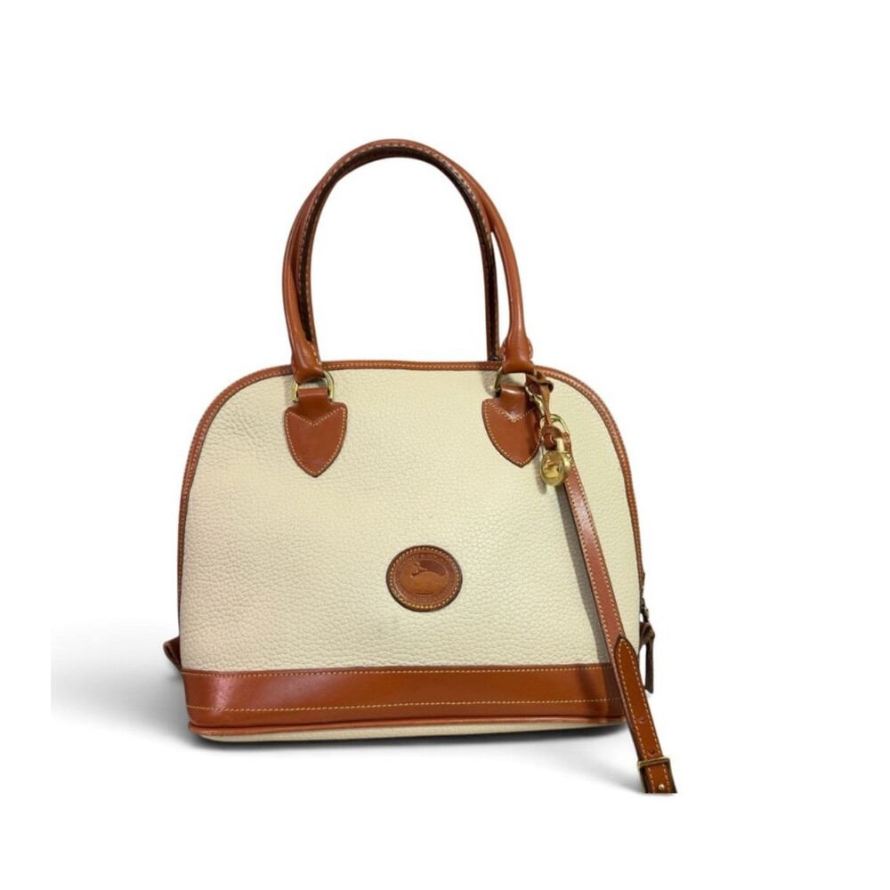 Vintage Dooney & Bourke All Weather Leather Ivory & Tan Medium Domed Satchel AWL